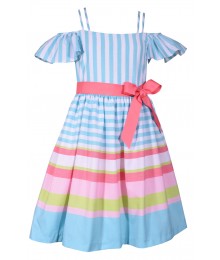 Bonnie Jean Turquoise/White Pink Linen Look Pink Belted Dress  